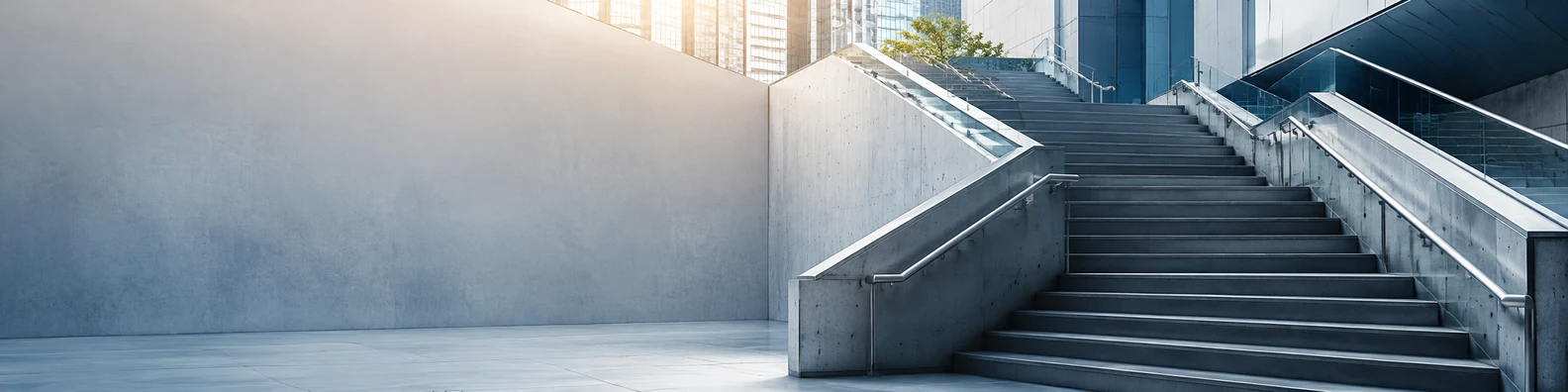 Urban staircase architecture with concrete stairs, railings, and geometric city lines LinkedIn banner