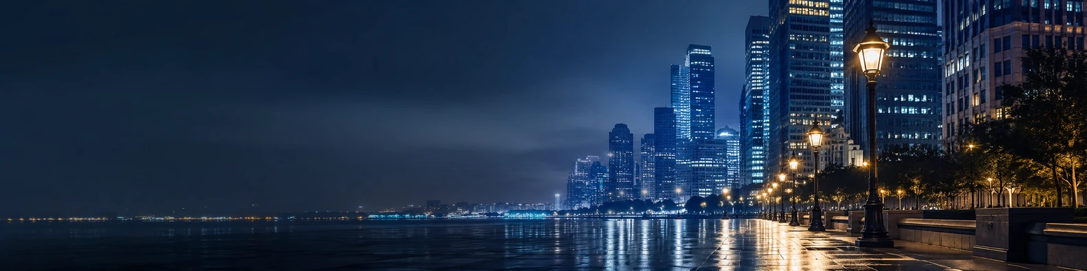 Urban street lights background with glowing lamps, pavement reflections, and calm evening city mood LinkedIn banner