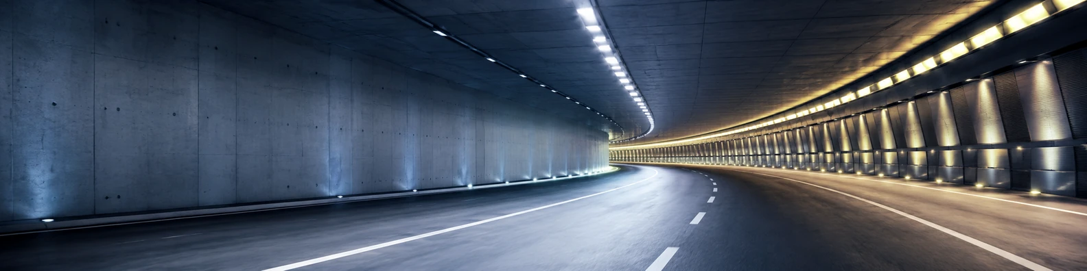 Urban tunnel light background with curved perspective, concrete walls, and glowing lights LinkedIn banner