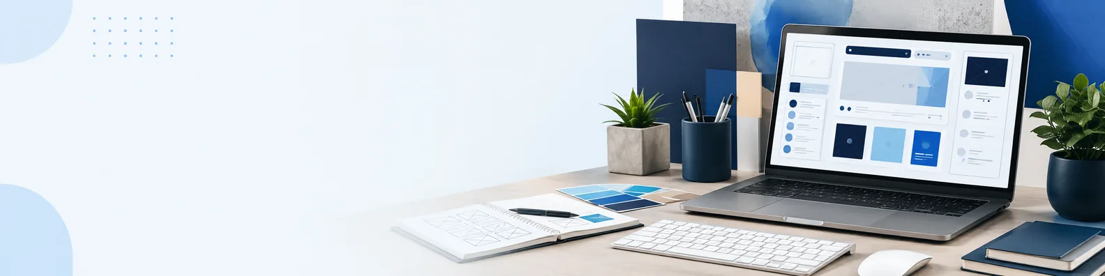 User interface design workspace LinkedIn background banner with laptop screen, abstract UI wireframes, layout blocks, color cards, notebook, pen, and keyboard
