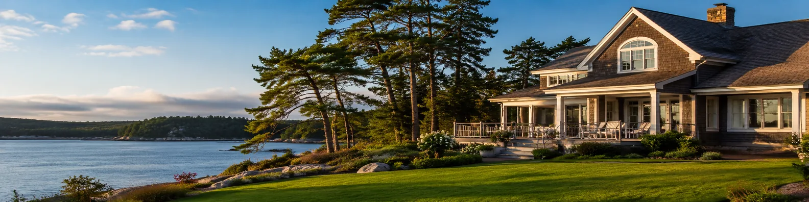 Peaceful waterfront vacation house with trees lawn and calm water LinkedIn background banner