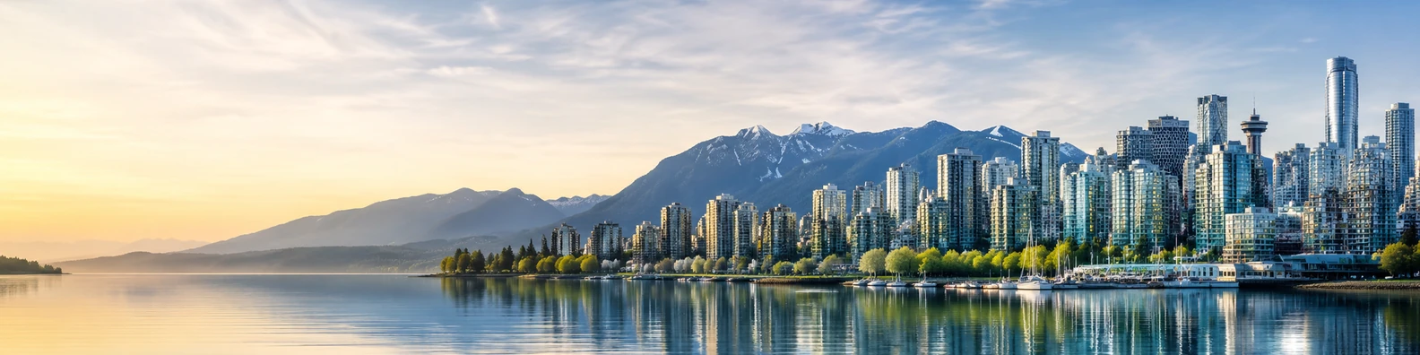 Vancouver skyline mountain view with waterfront reflections and soft sky LinkedIn background banner