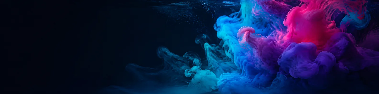 Vibrant ink in dark water abstract LinkedIn background banner with pink blue and purple clouds