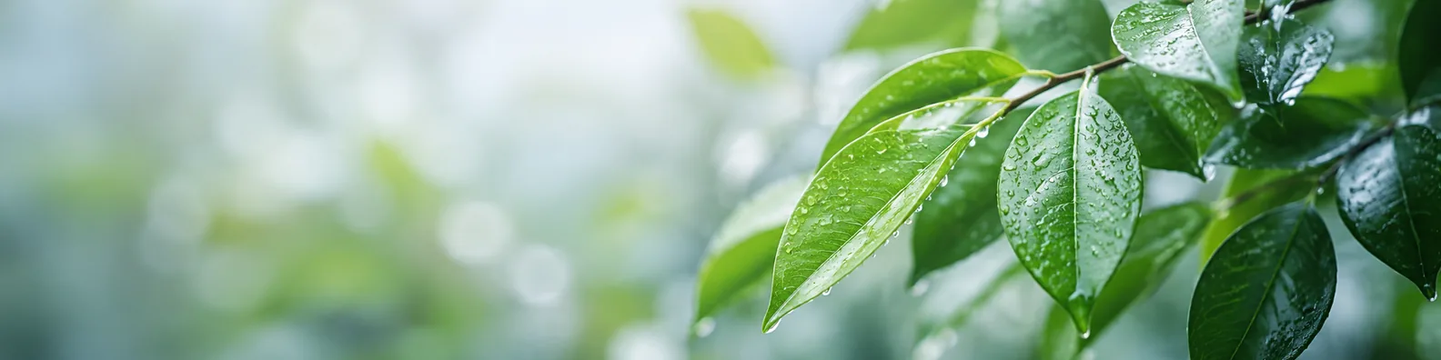 Water drops on leaves LinkedIn background banner with fresh green leaves, raindrops, and soft botanical blur