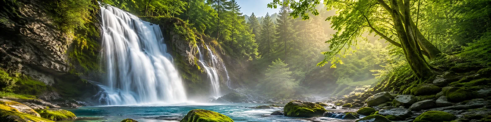 Waterfall in green forest LinkedIn background banner with falling water, mossy rocks, mist, and lush trees