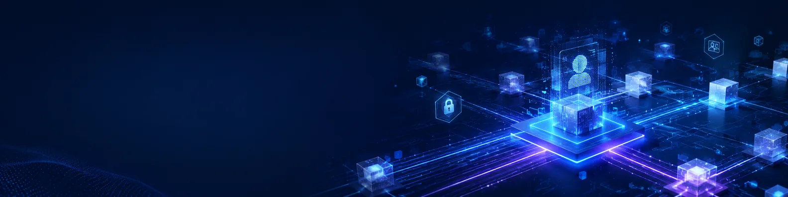 Web3 technology LinkedIn background banner with decentralized network nodes, blockchain-style linked structures, abstract identity elements, secure data paths, and glowing lines