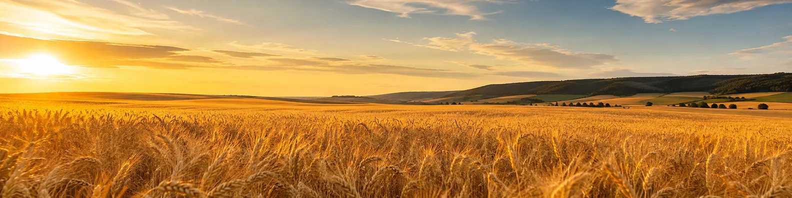 Wheat field golden hour LinkedIn background banner with golden wheat, warm sunlight, open sky, and rural landscape