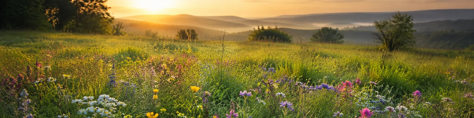 Wildflower meadow morning LinkedIn background banner with colorful flowers, dewy grass, sunrise light, trees, and hills