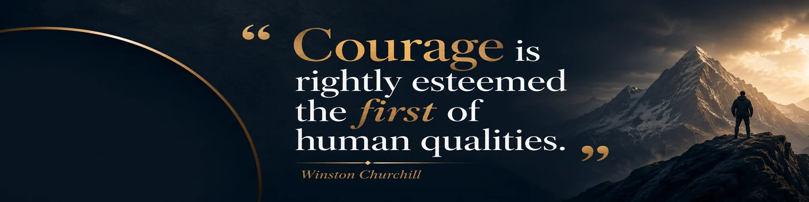 Winston Churchill courage quote LinkedIn background banner with bold navy charcoal cream white and muted gold leadership design