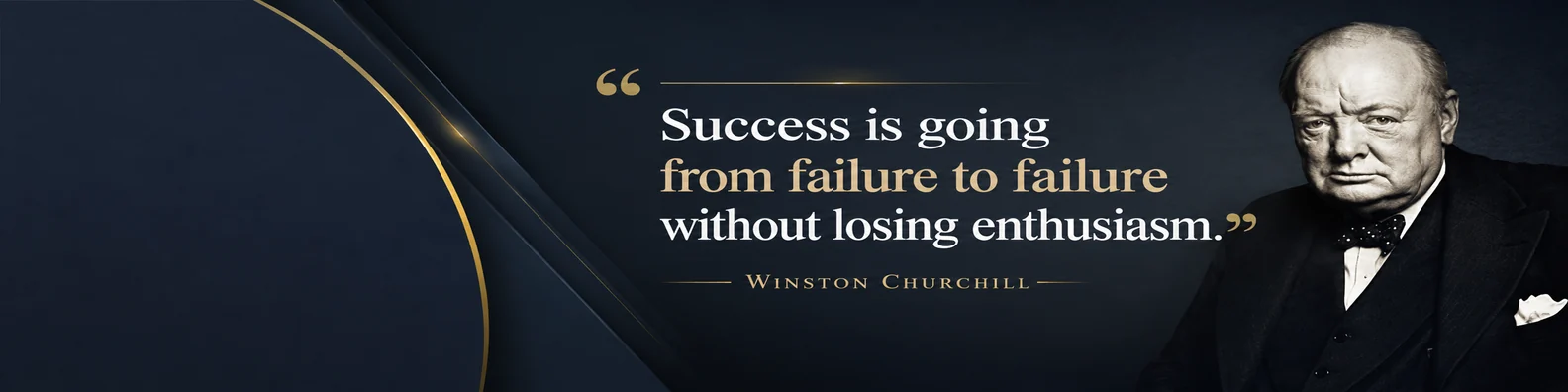 Winston Churchill success quote LinkedIn background banner with dark navy charcoal white beige and gold executive style