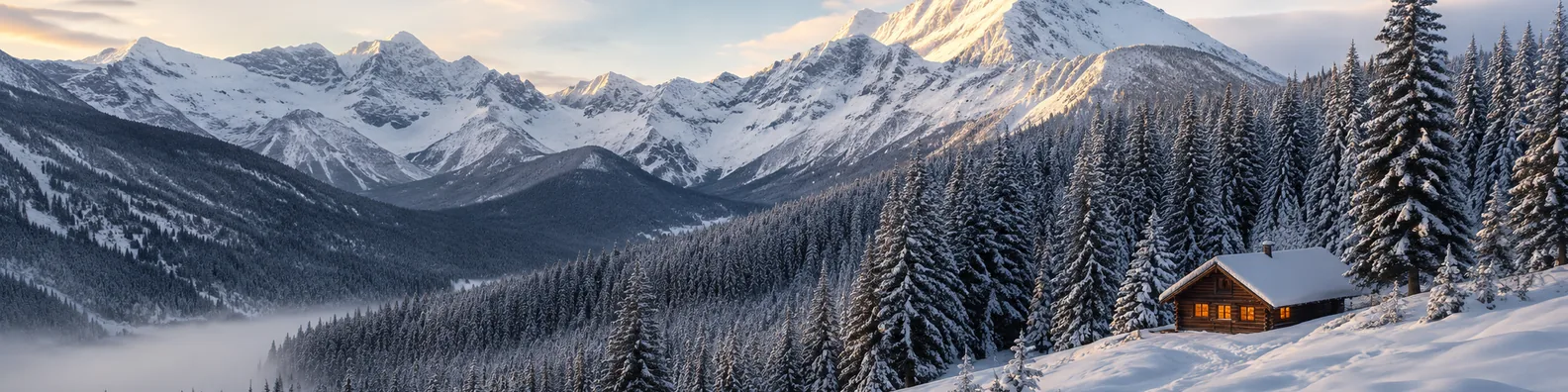 Winter mountain cabin view LinkedIn background banner with small cozy cabin, snowy pine forest, mountain peaks, and warm window light
