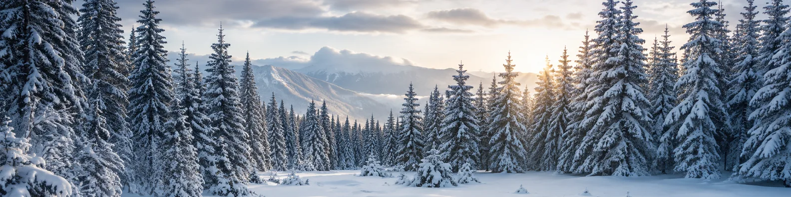 Winter pine forest LinkedIn background banner with tall snow-covered pine trees, open snowy ground, soft winter light, and distant mountains