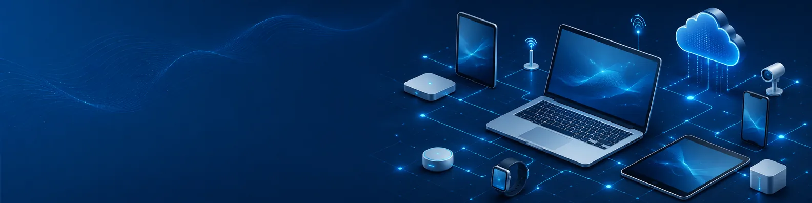 Wireless device network LinkedIn background banner with abstract devices, wireless signal waves, connected nodes, cloud elements, and blue digital data paths