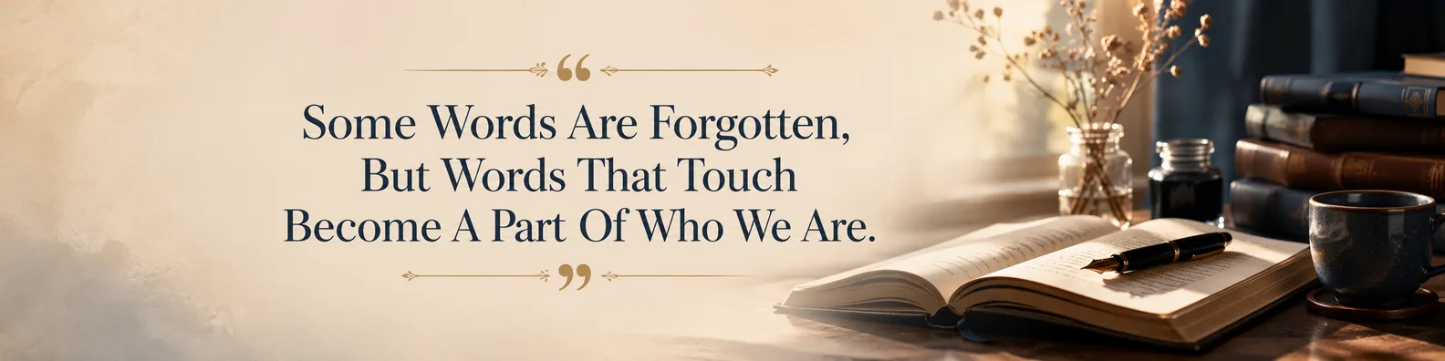 Thoughtful literary quote LinkedIn background banner with books and pen