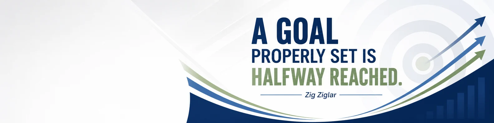 Zig Ziglar goals quote LinkedIn background banner with target shapes upward arrows and corporate blue green design