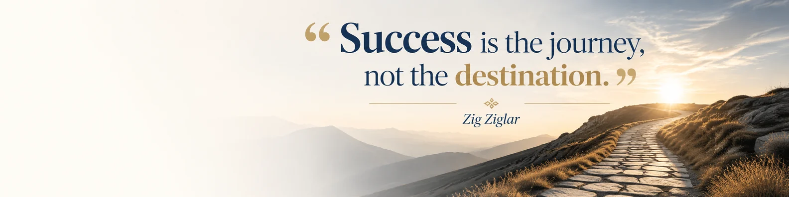 Zig Ziglar success quote LinkedIn background banner with inspiring path horizon light navy white beige grey and muted gold