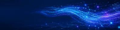 AI data flow LinkedIn background banner with glowing blue data streams and abstract connected technology lines