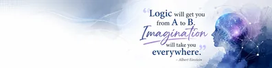 Albert Einstein creativity quote LinkedIn background banner with soft blue purple abstract imagination design