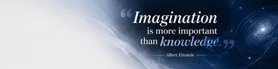 Albert Einstein imagination quote LinkedIn background banner with cosmic blue abstract design and elegant typography