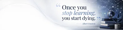 Albert Einstein learning quote LinkedIn background banner with academic blue books and refined typography