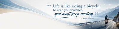 Albert Einstein life quote LinkedIn background banner with calm bicycle journey and blue beige motion design