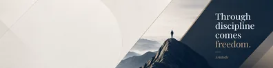 Aristotle discipline quote LinkedIn background banner with mountain peak navy grey white beige minimal design