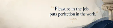 Aristotle excellence quote LinkedIn background banner with classical beige navy white grey and muted gold design