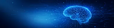 Artificial intelligence brain circuit LinkedIn background banner with glowing neural circuits and blue technology lines