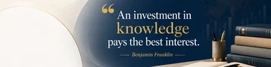Benjamin Franklin learning quote LinkedIn background banner with books notebook navy white beige grey and soft gold
