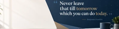Benjamin Franklin productivity quote LinkedIn background banner with calendar shapes desk elements navy white grey beige and muted blue
