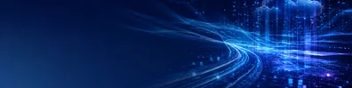 Big data technology LinkedIn background banner with large-scale abstract data streams, glowing nodes, layered digital grids, and flowing information patterns