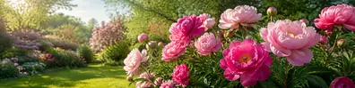 Blossoming pink flowers in a sunny garden LinkedIn background banner