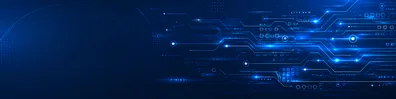 Blue circuit network LinkedIn background banner with glowing blue circuit lines, connected nodes, electronic traces, and digital grid details