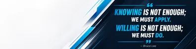 Bruce Lee action quote LinkedIn background banner with sharp navy white black grey and cyan abstract lines