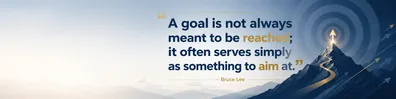 Bruce Lee growth quote LinkedIn background banner with target inspired mountain background navy white blue and muted gold