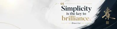 Bruce Lee simplicity quote LinkedIn background banner with minimal navy white grey black and muted gold refined design
