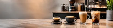 Cafe counter with different coffee drinks business LinkedIn background banner
