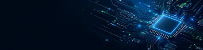 Circuit board technology LinkedIn background banner with detailed circuit traces, glowing connection points, microchip elements, and futuristic board pattern