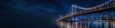 City bridge night view with illuminated bridge lights, skyline, and water reflections LinkedIn banner