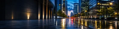 City street reflection background with wet pavement, modern buildings, and evening lights LinkedIn banner