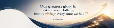 Confucius growth quote LinkedIn background banner with upward motion warm light navy white beige soft gold and muted blue