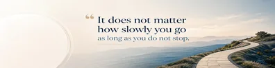 Confucius patience quote LinkedIn background banner with soft path-like lines blue beige white grey and muted green