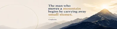 Confucius success quote LinkedIn background banner with mountain shapes soft light navy grey cream white and muted gold