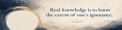 Confucius wisdom quote LinkedIn background banner with calm navy cream beige white and muted gold abstract texture