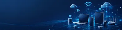 Connected devices LinkedIn background banner with abstract laptops, tablets, smartphones, sensors, cloud shapes, glowing lines, and blue digital nodes