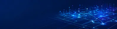 Connected technology grid LinkedIn background banner with glowing grid lines, digital nodes, abstract network paths, and layered blue connection points