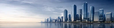 Corporate city skyline background with modern office towers and calm dawn light LinkedIn banner