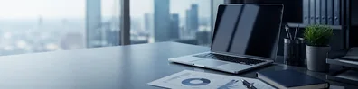 Corporate Laptop Workspace professional business LinkedIn background banner with clean corporate styling