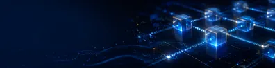 Cryptocurrency network LinkedIn background banner with digital nodes, blockchain-style linked blocks, secure transaction paths, and glowing data particles