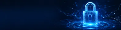 Cyber security lock LinkedIn background banner with glowing digital lock, secure network lines, data particles, and dark blue technology background